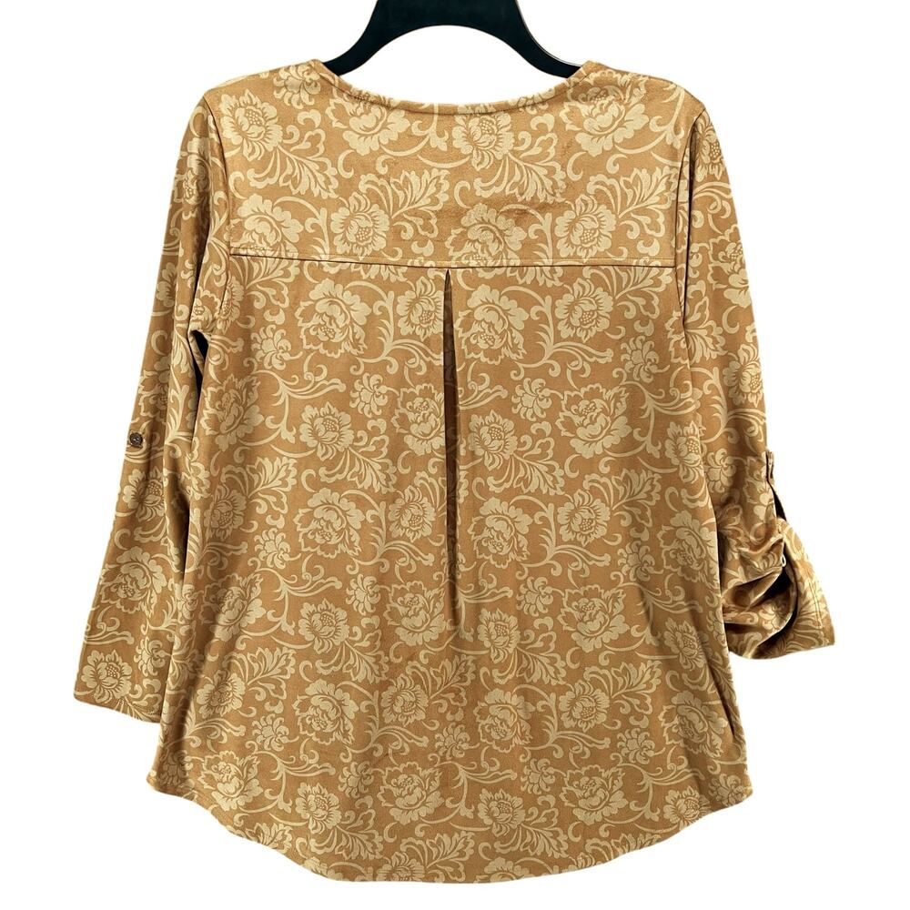 Soft Surroundings Tunic Top Womens S‎ Tan Faux Suede Floral Roll Tab Boho Chic - Picture 5 of 14